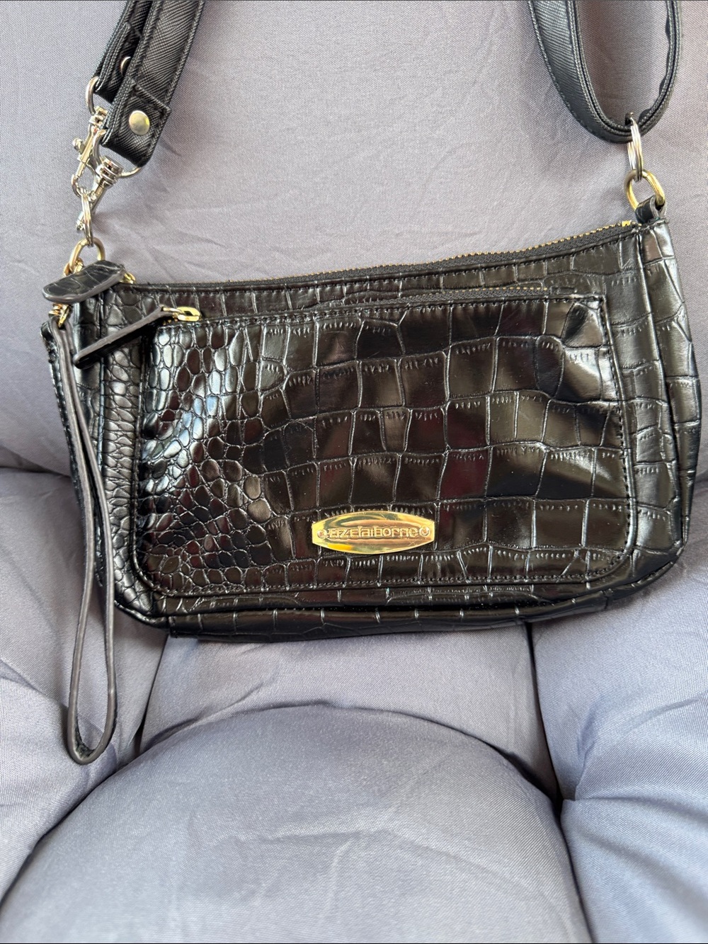 Liz Claiborne Black Croc-Embossed Crossbody Bag with Gold Hardware